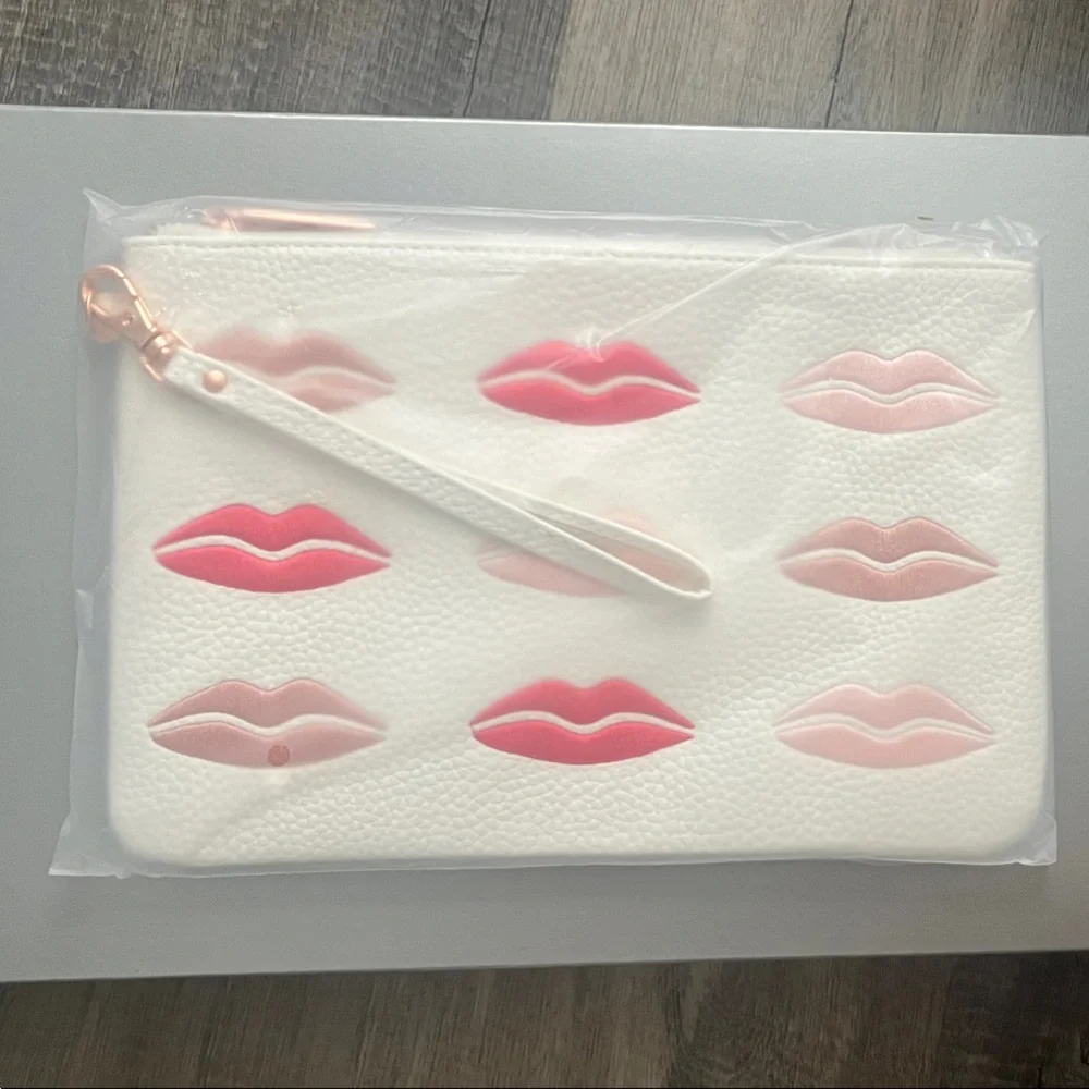 Beautybio White and Pink Faux Leather Lip Pattern Wristlet Makeup Cosmetic Bag